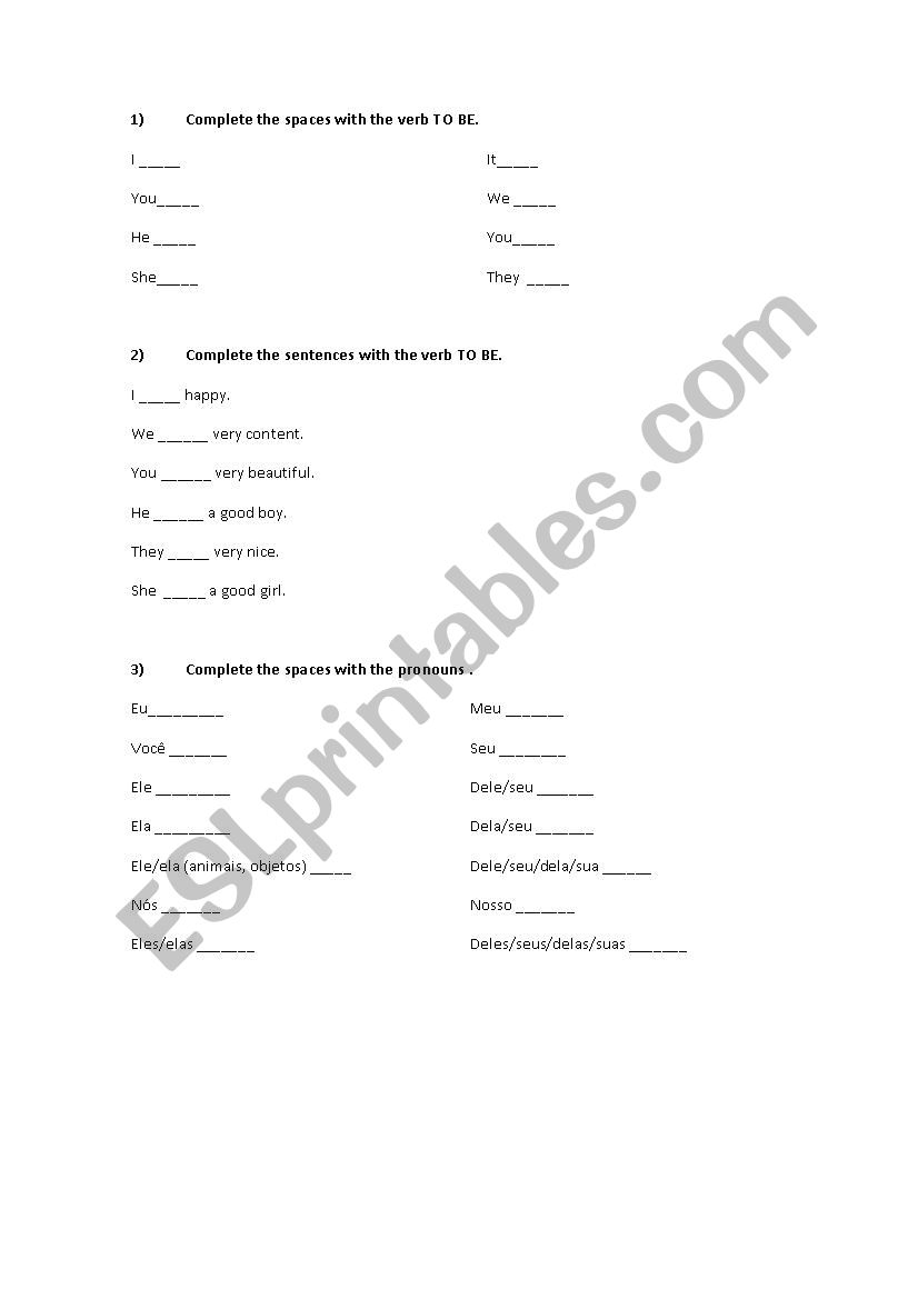 Verbo To be e pronomes worksheet