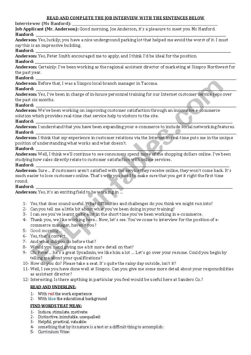 job interview worksheet