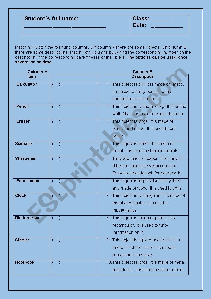 Describing Objects worksheet