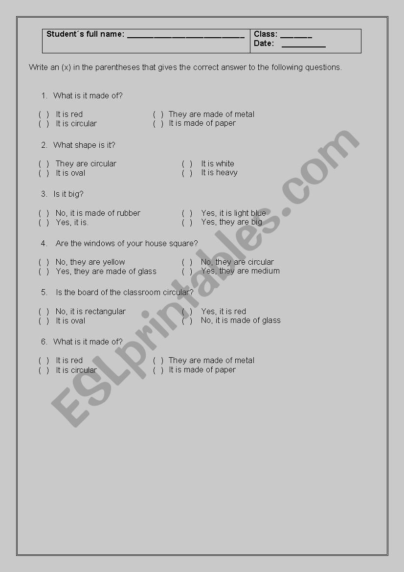 Describing Objects worksheet