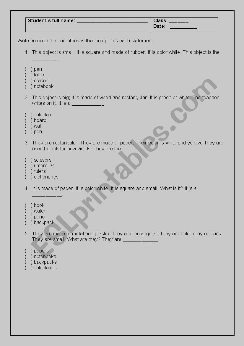 Describing Objects worksheet