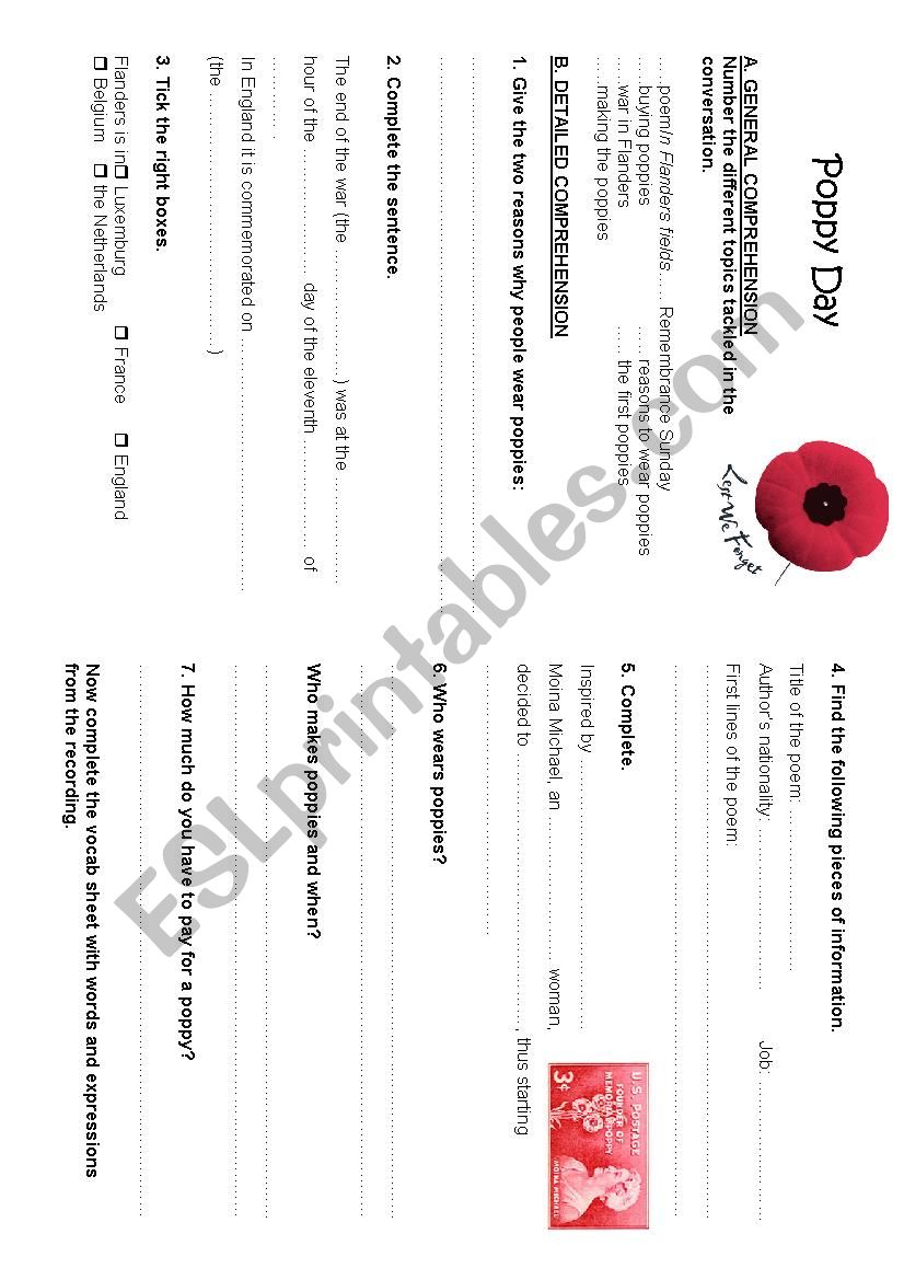 Poppy Day worksheet