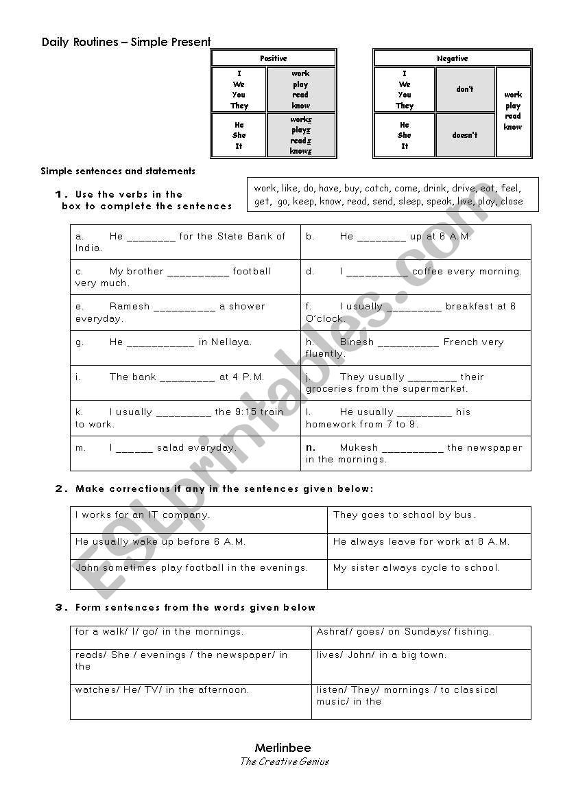 Daily Activities worksheet