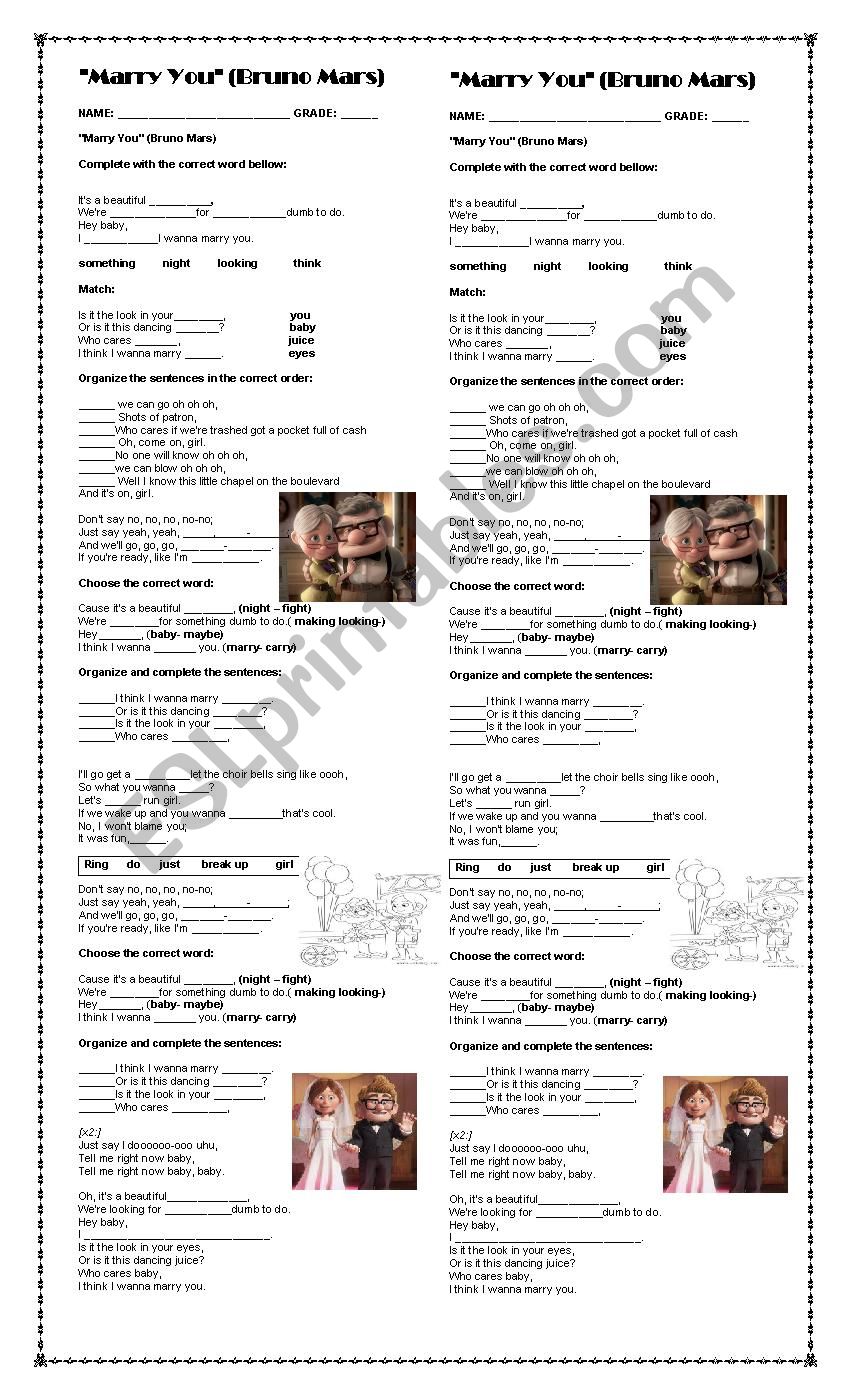 MARRY YOU (BRUNO MARS) SONG worksheet