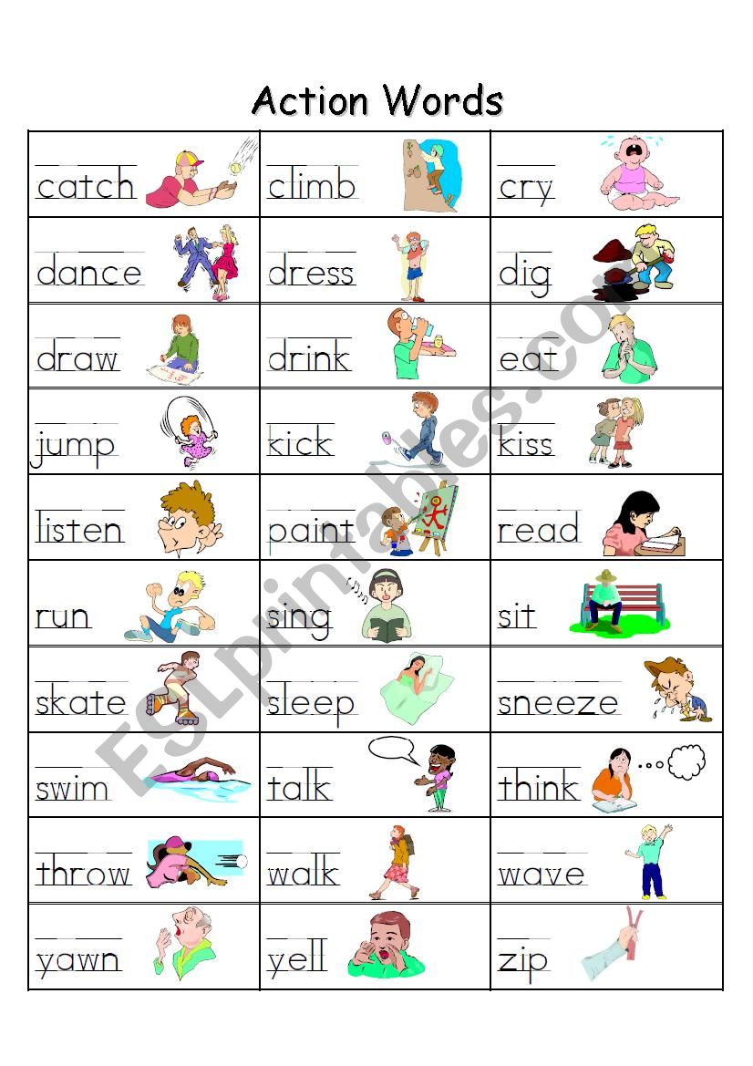 Action Words reference page worksheet