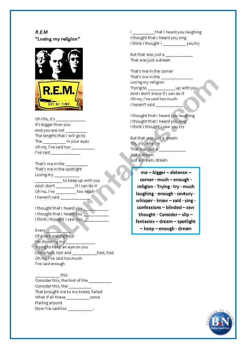 R.E.M - losing my religion worksheet