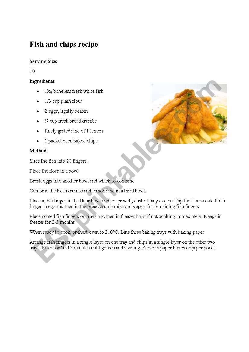 Fish and chips recipe worksheet