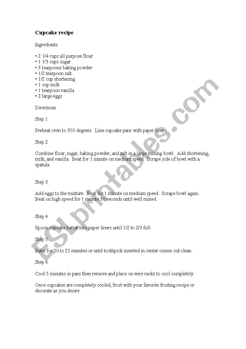 Cupcake recipe worksheet