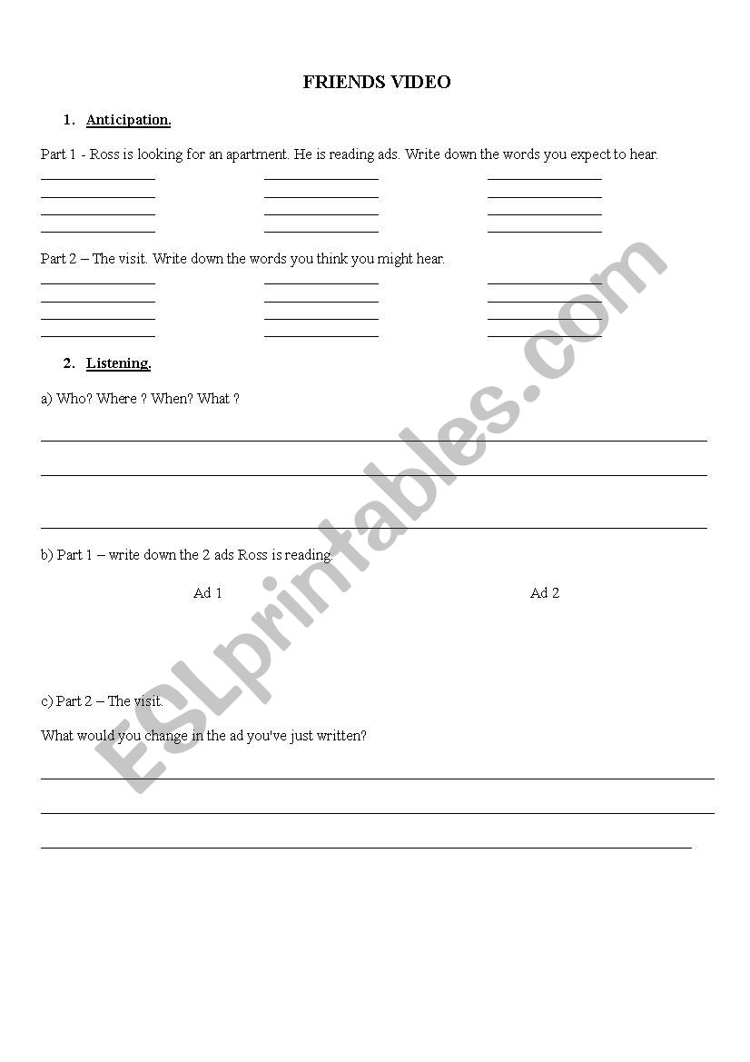 Video from Friends episode, listening worksheet