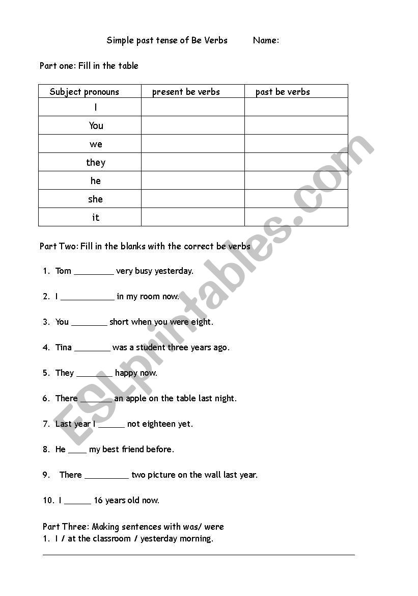 simple past tense of be verbs worksheet