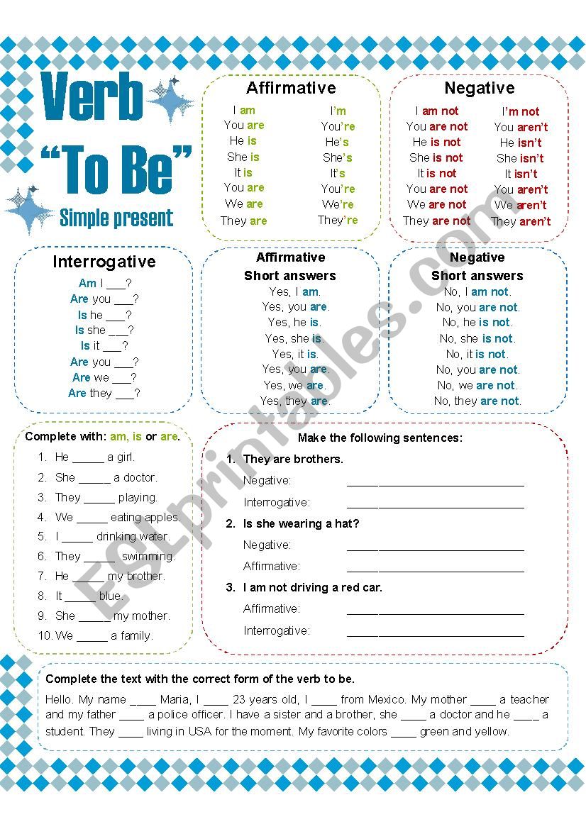 Verb to be - Simple Present worksheet