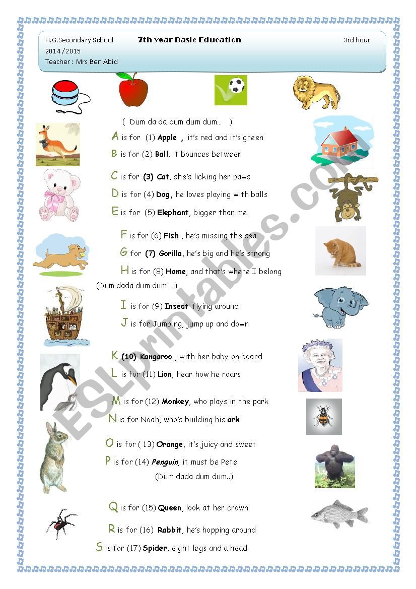 Alphabet song and introducing worksheet