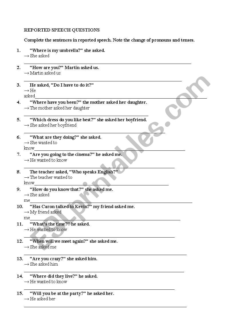 Reported Speech -Questions worksheet