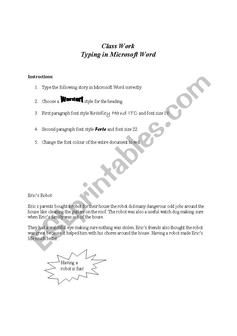 Typing in Microsoft Word worksheet