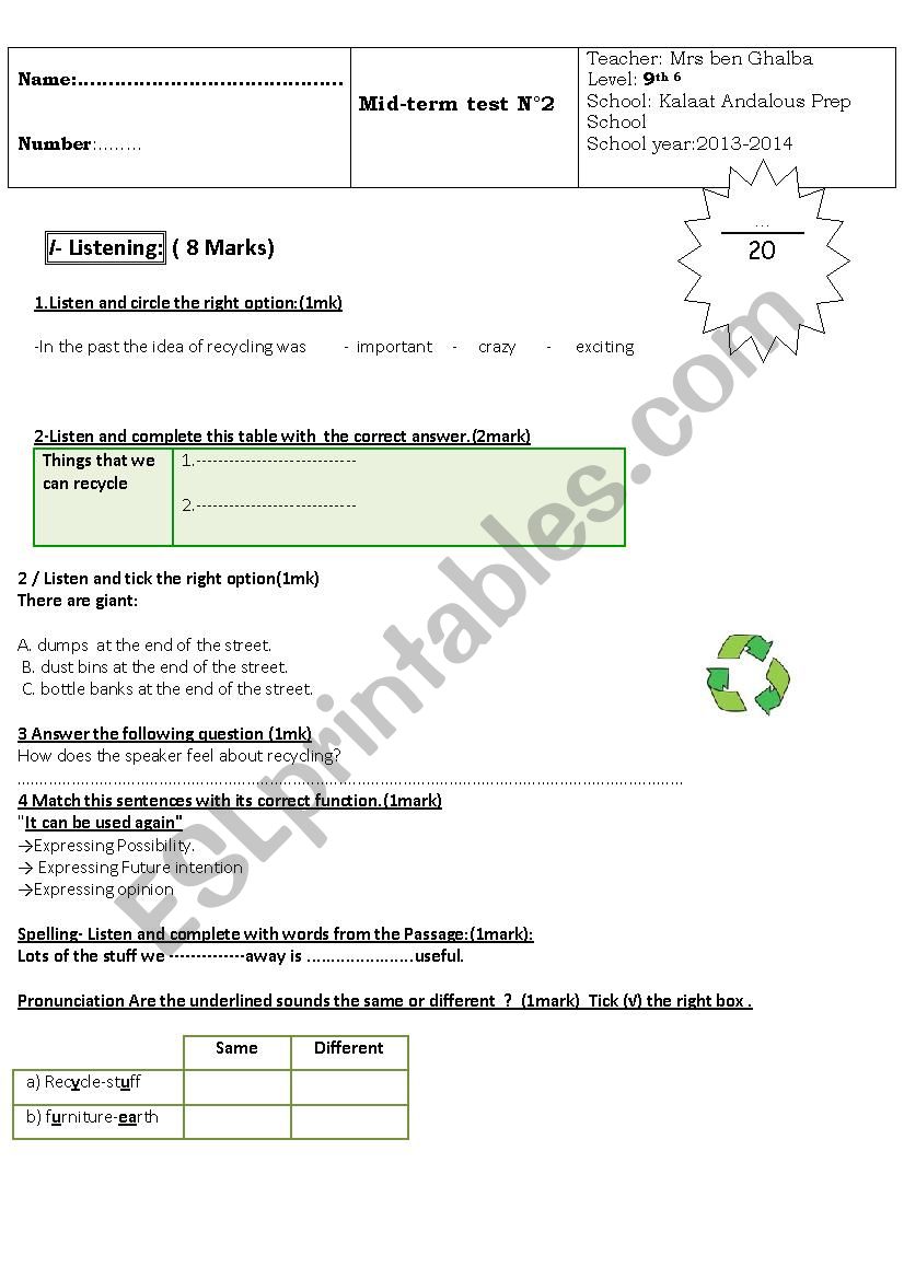 mid term test 2 9th worksheet