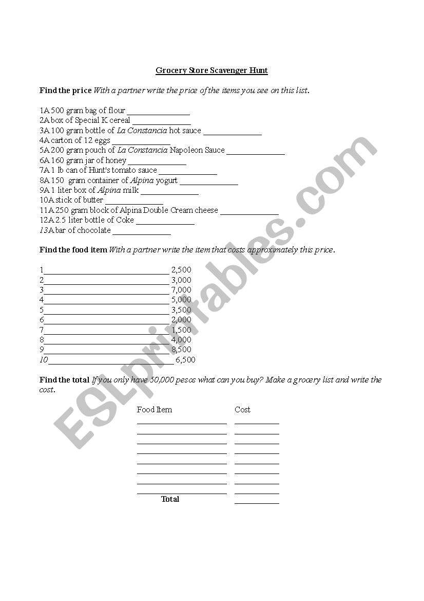 Grocery Store Scavenger Hunt worksheet