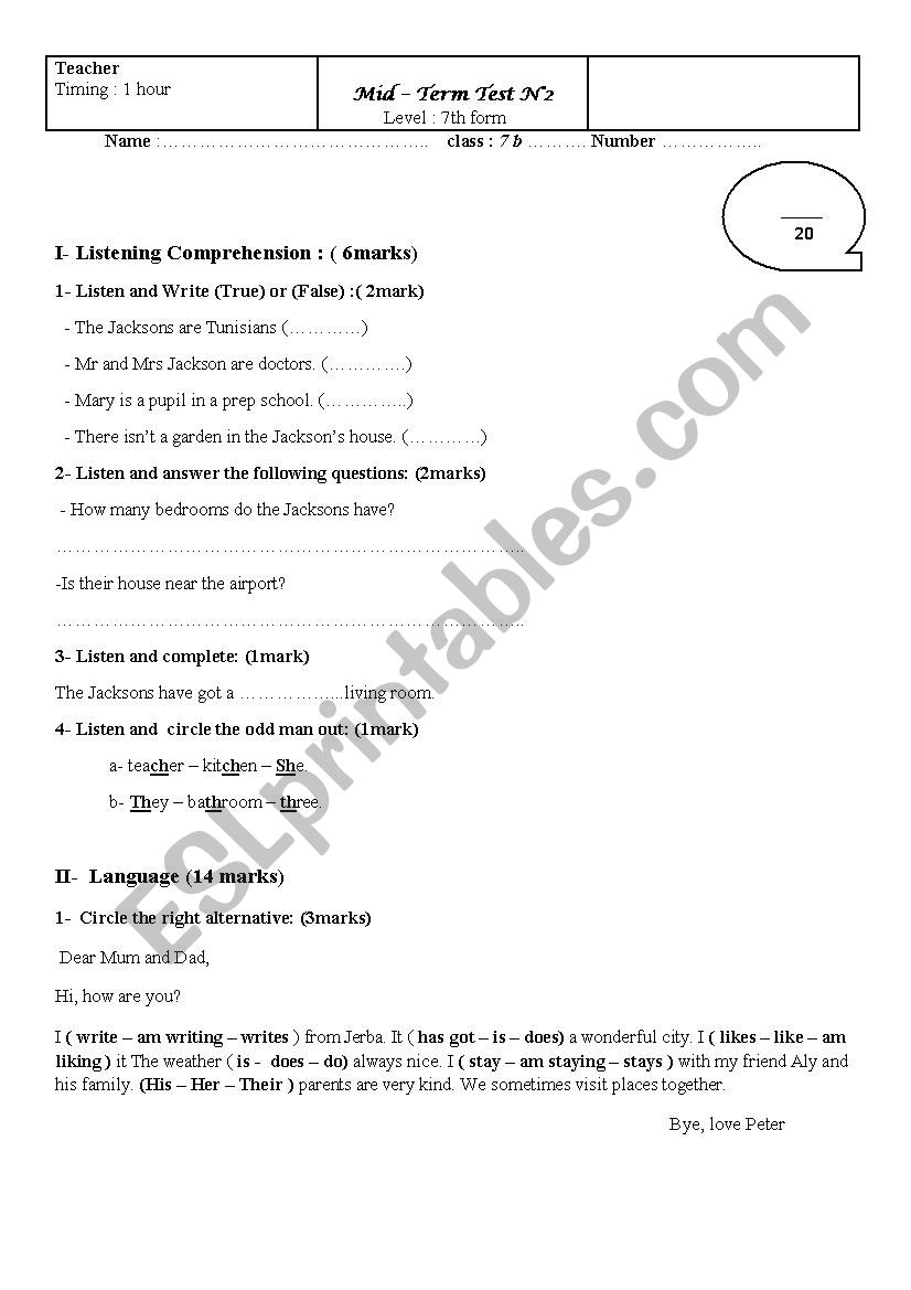 mid term test N2 7th form Tuniasia