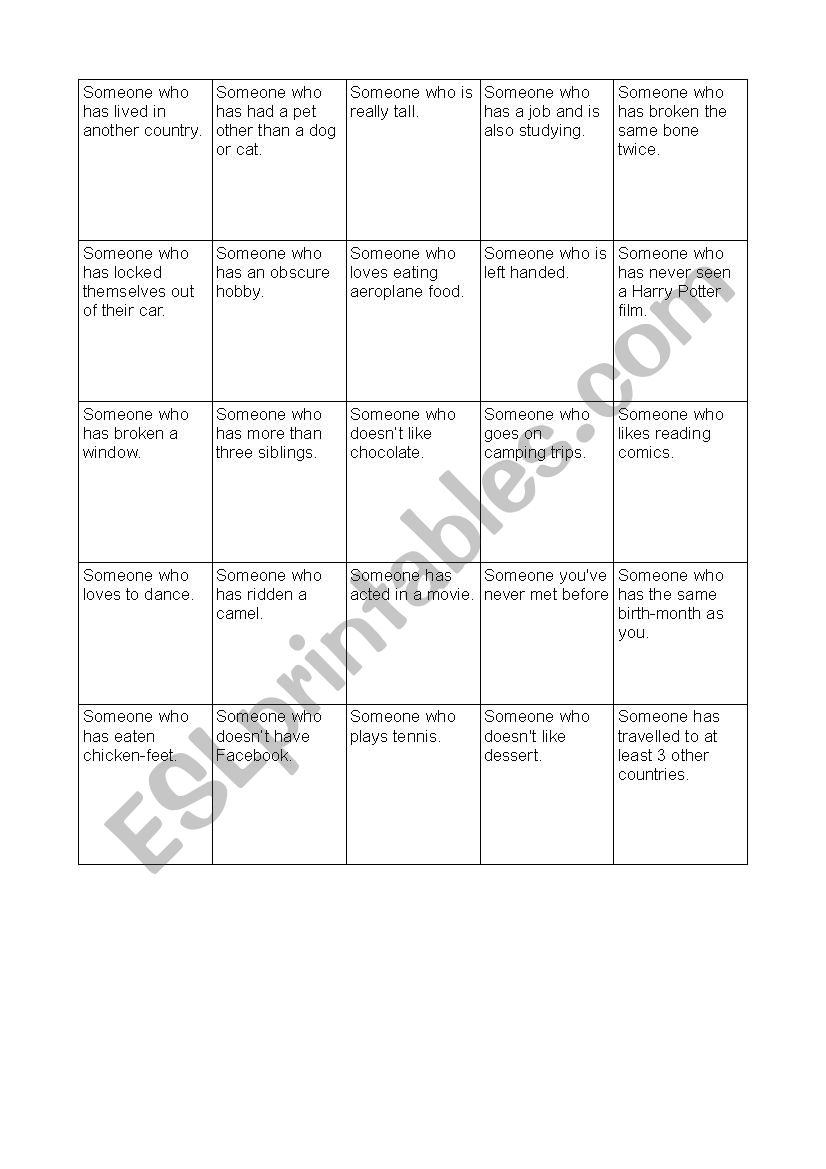 Bingo Game worksheet