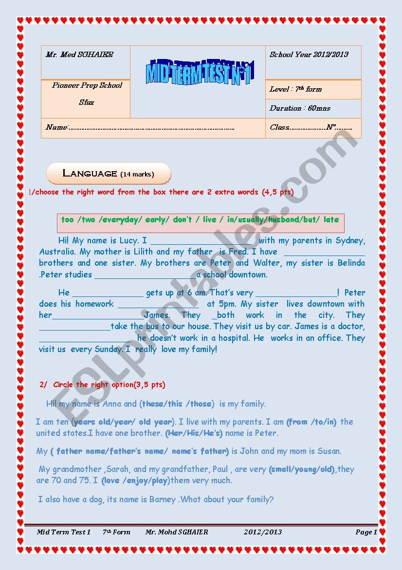 Sfax Pioneer Prep Test worksheet