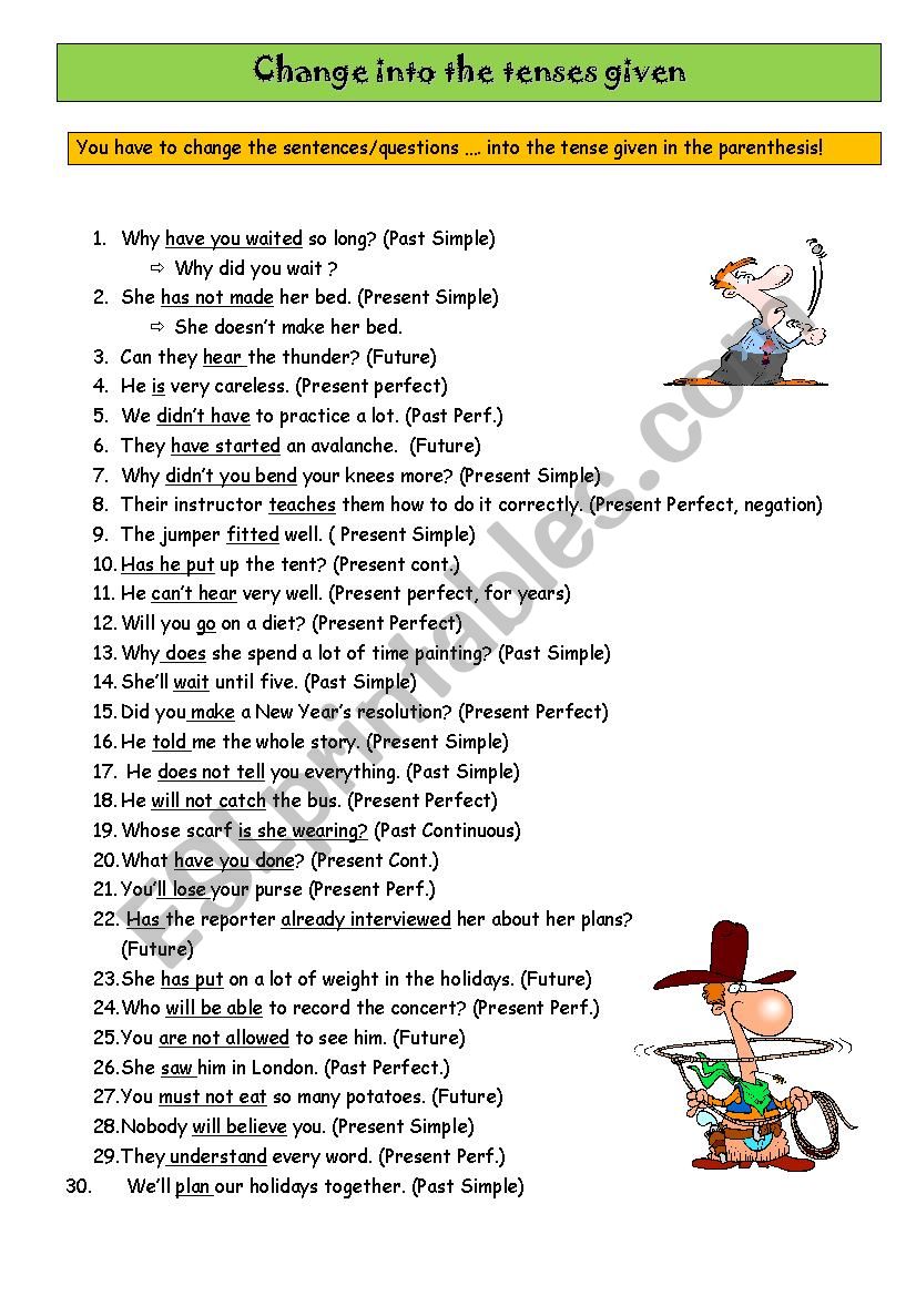 Change The Tense Worksheet With Answers