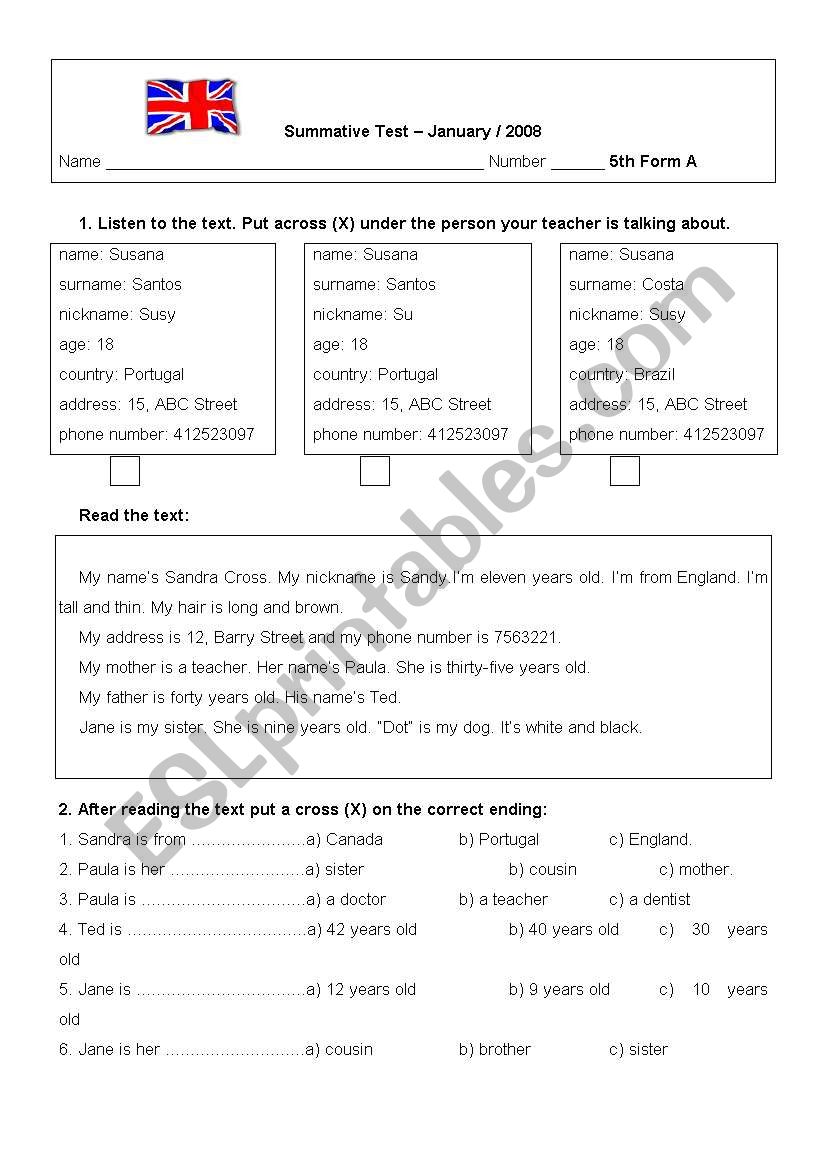 test 5th form worksheet