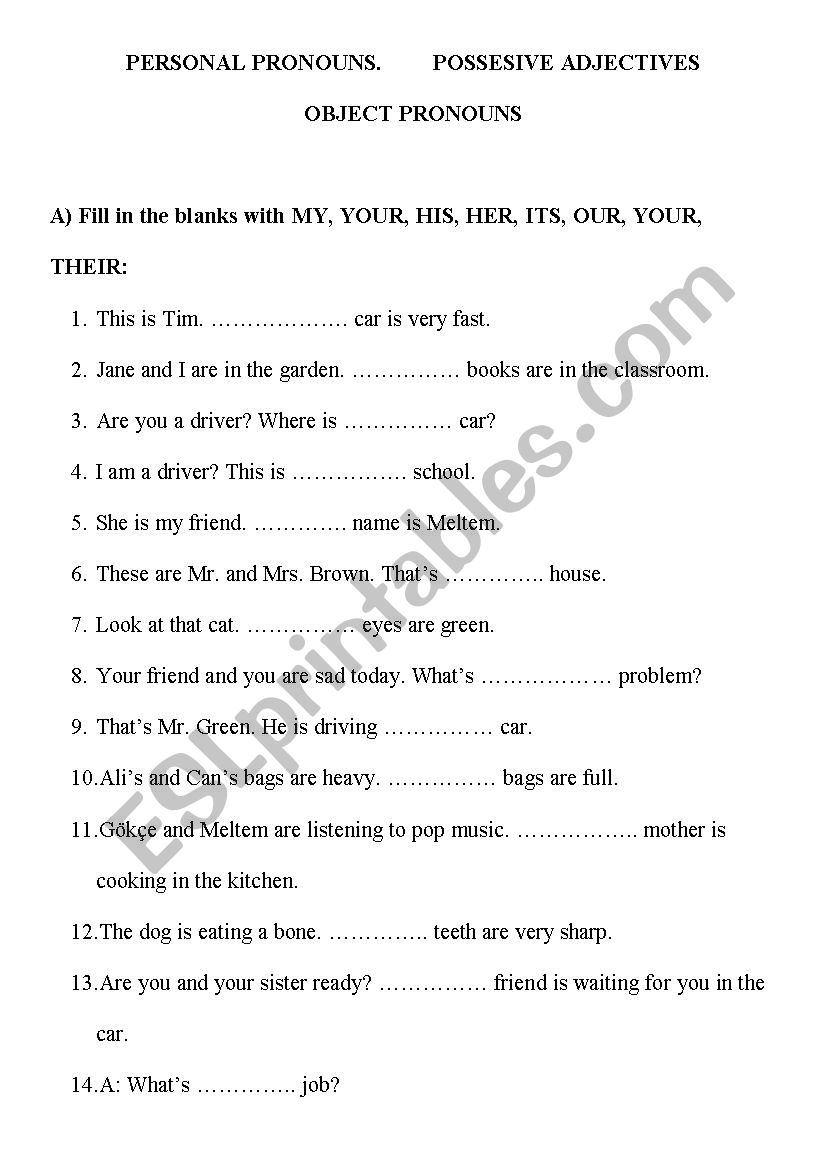 PERSONAL PRONOUNS.POSSESIVE ADJECTIVES.OBJECT PRONOUNS