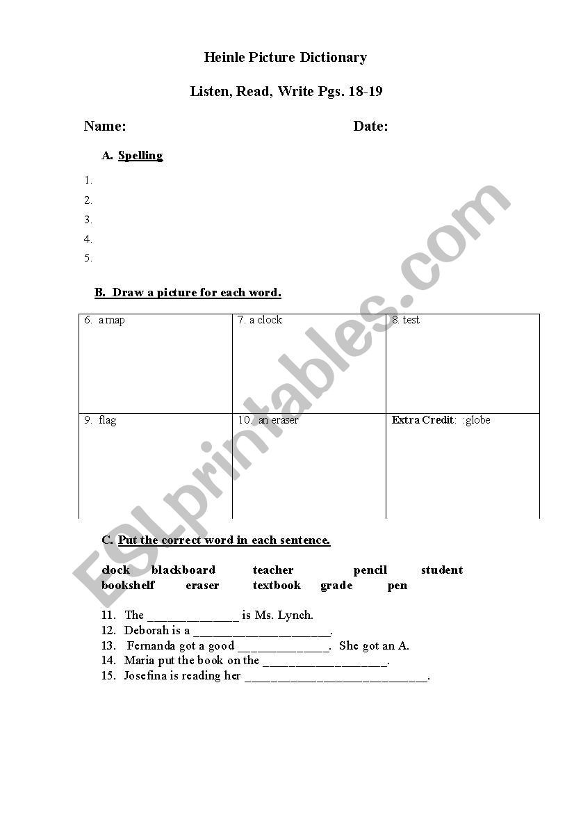 Listen, Read, Write from pgs. 18-19 of the Heinle Picture Dictionary