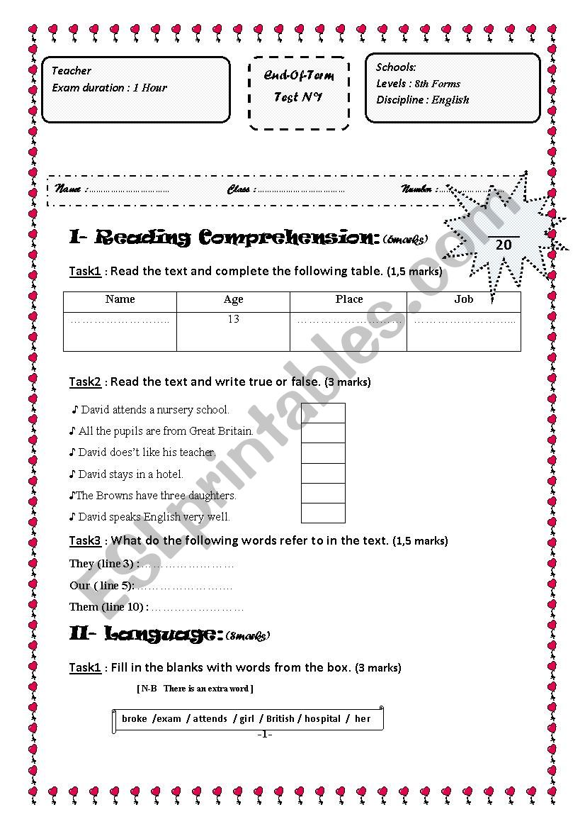        8th form end of term test 