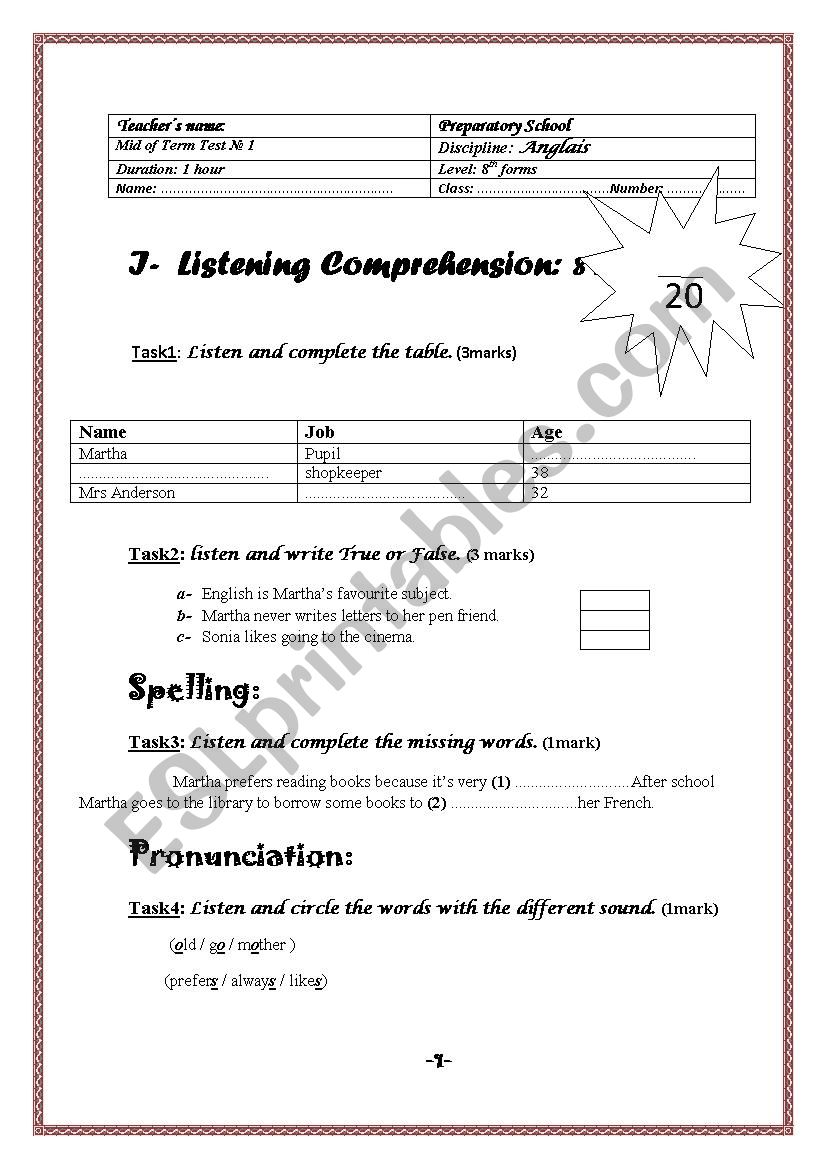 mid term test 1 for 8th worksheet