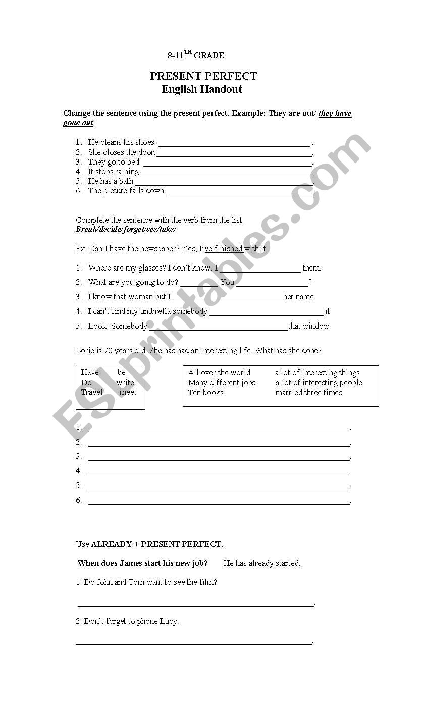 present perfect WORKSHEET worksheet