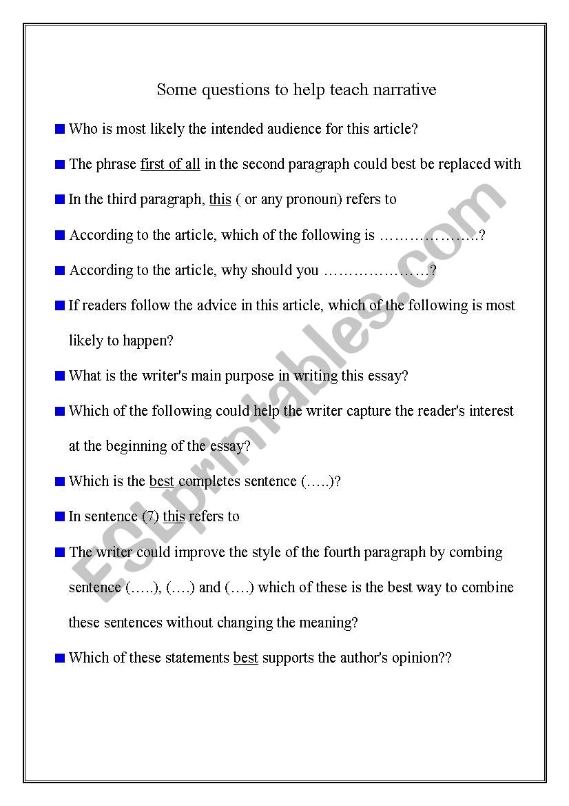 narrative reading questions worksheet