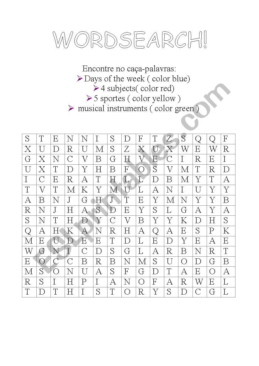 DAYS MUSICAL INSTRUMENTS SUBJECTS WORDSEARCH