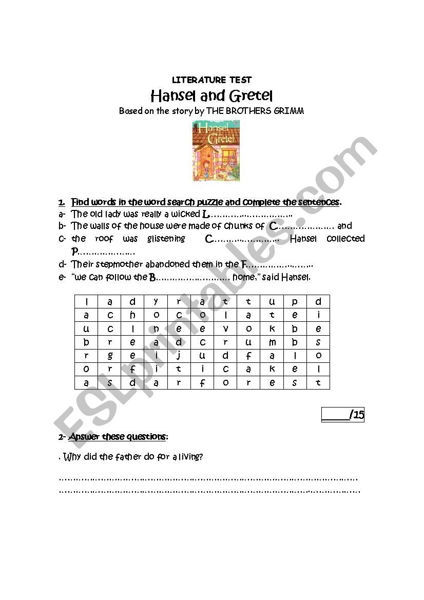 Hansel and Gretel test worksheet