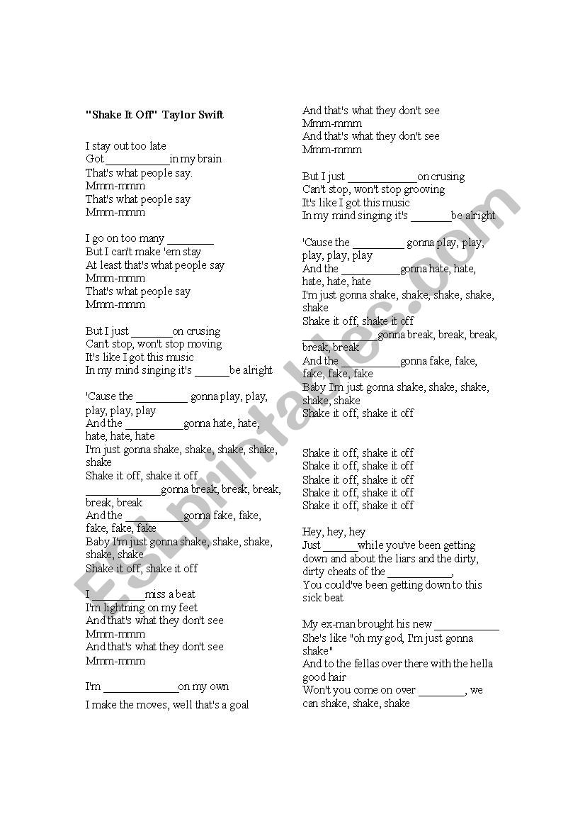 Taylor Swift - Shake It Off worksheet