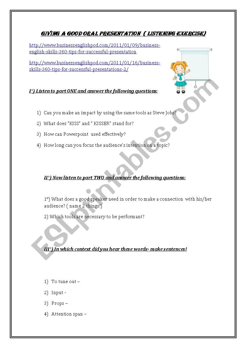 worksheet for students listening to presentations