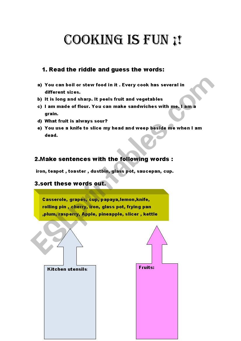 cooking  worksheet