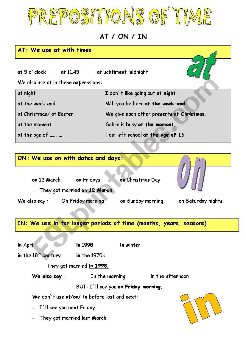 prepositions of time worksheet