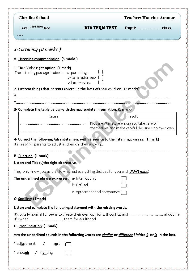 3rd year test  worksheet