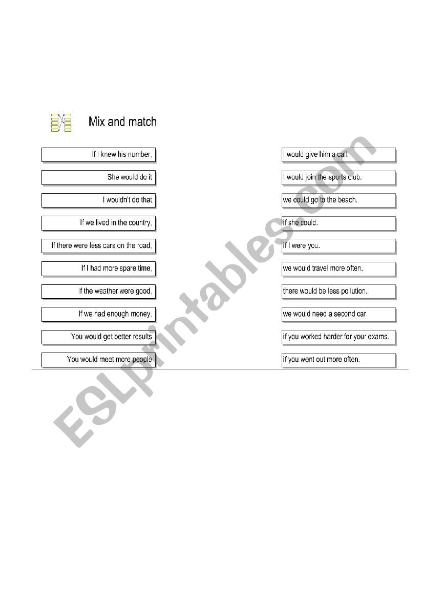 2nd Conditional Mix and Match worksheet