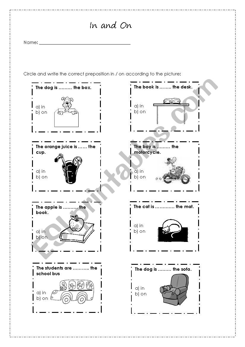 Prepositions in and on worksheet