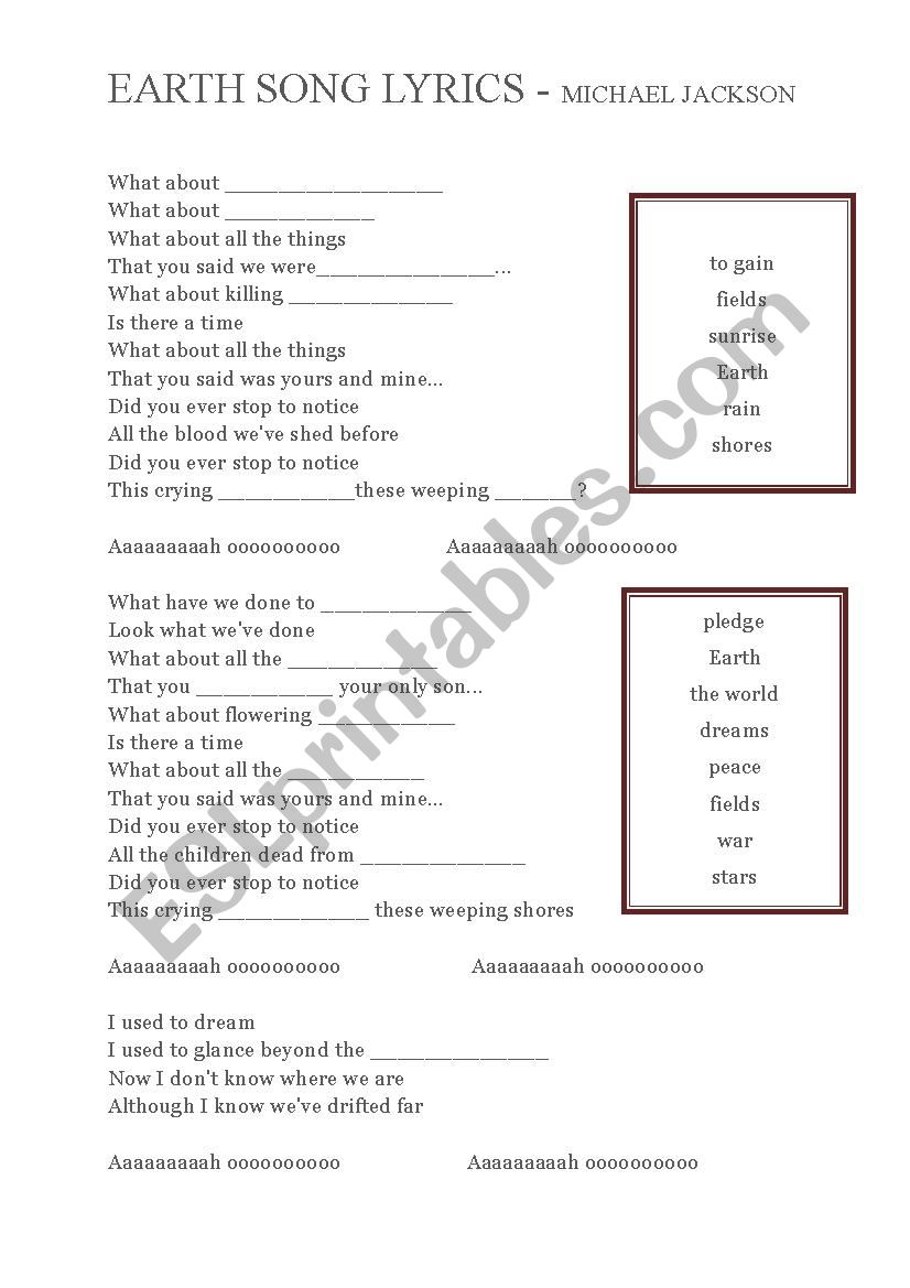 Earth song by Michael Jackson worksheet