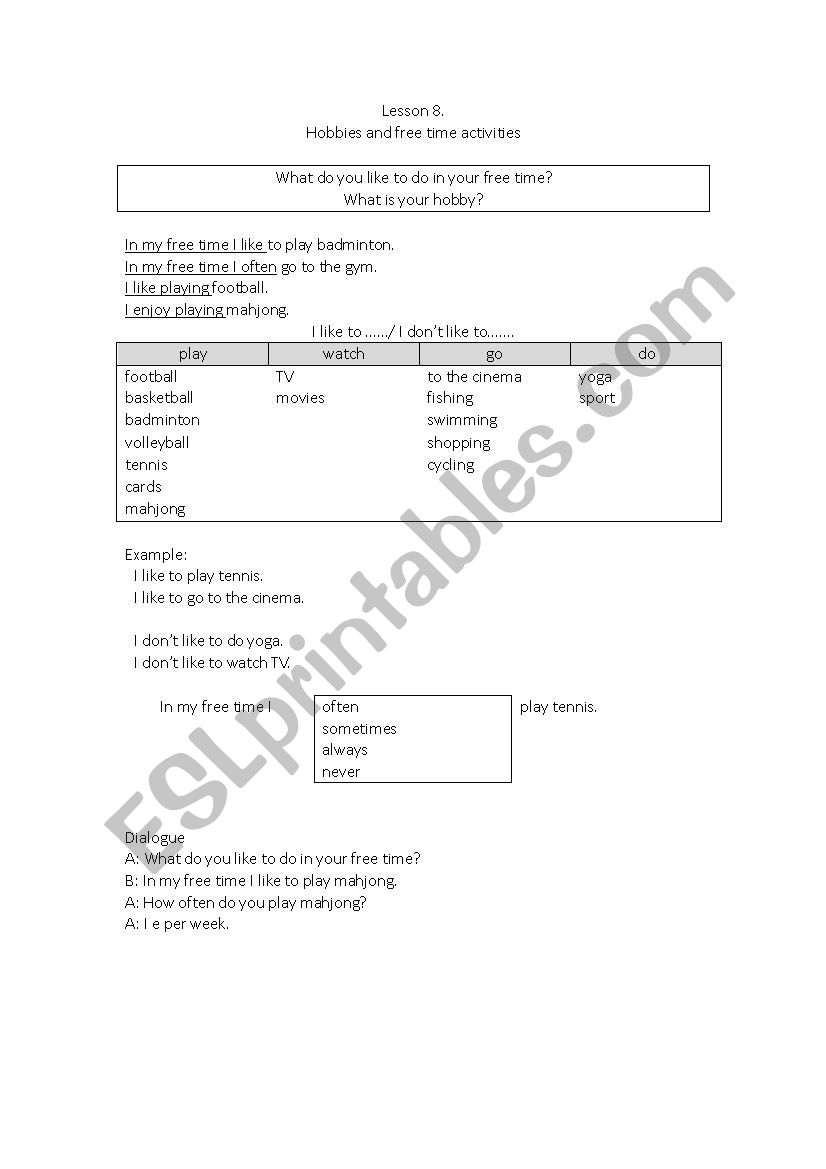 Hobbies worksheet