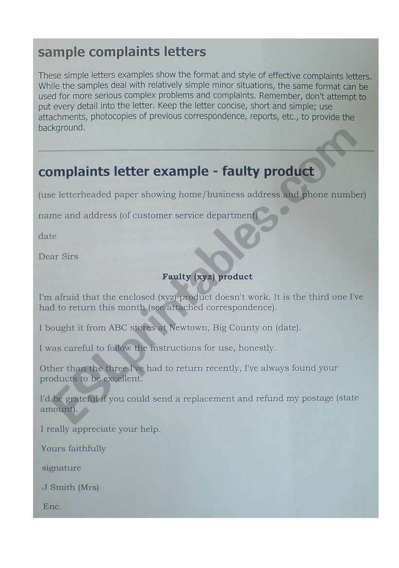 complaints letter example worksheet