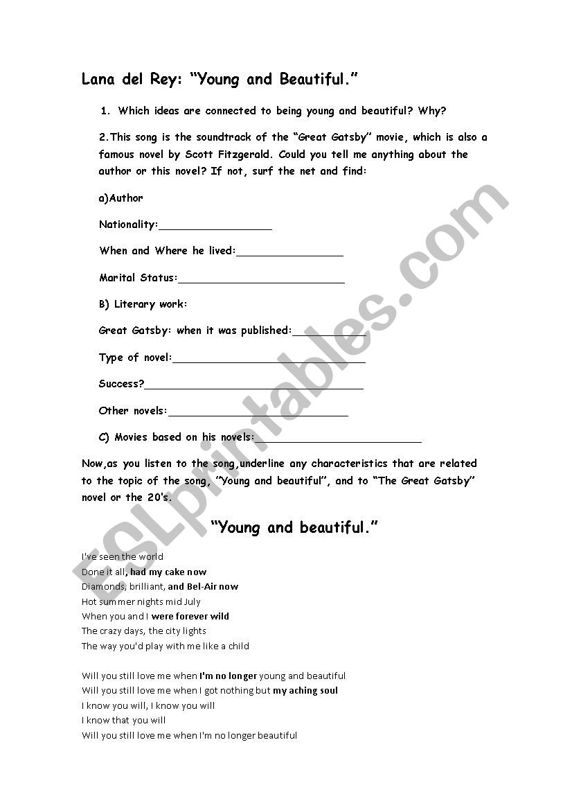 song  worksheet