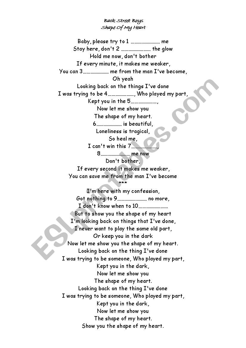Song worksheet Shape of my Heart by BSB