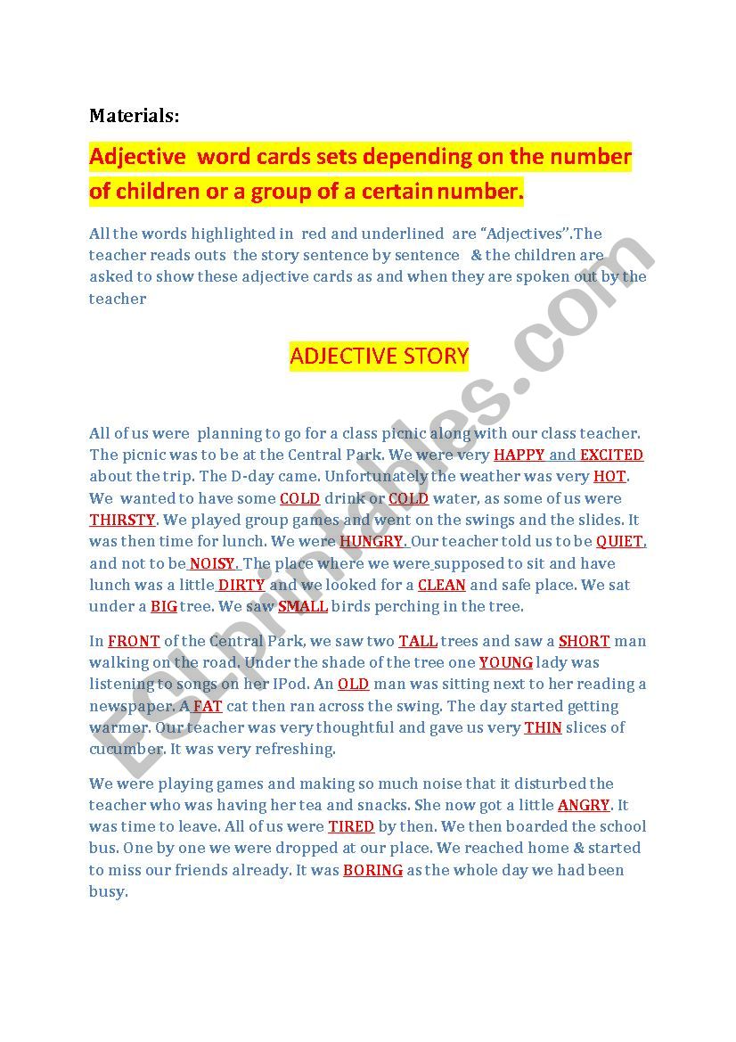 Adjectives Story worksheet