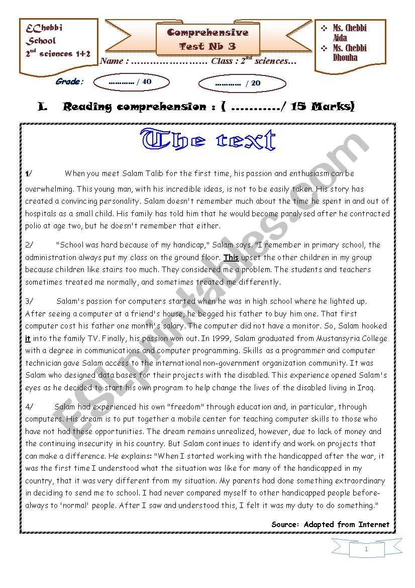 Comrehensive test 3 2nd form worksheet