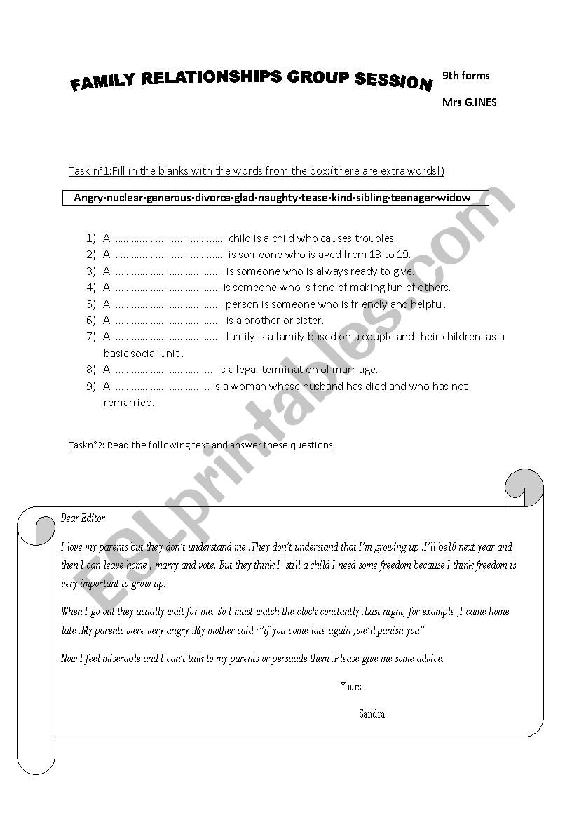 Group session 9th form Family relationships