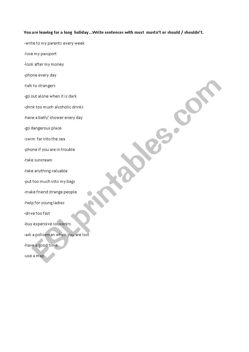 leaving for a long holiday... worksheet
