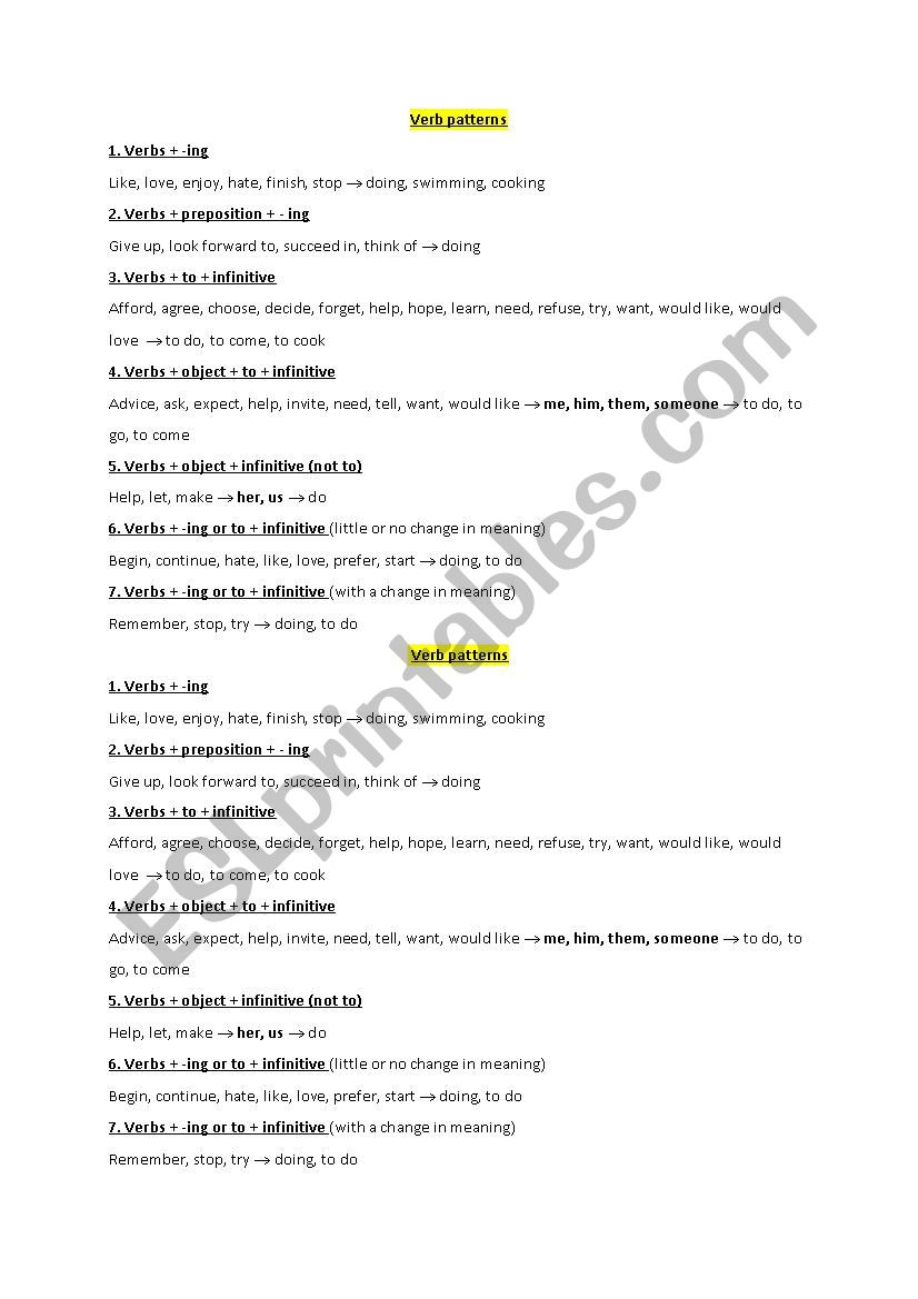 Verb patterns worksheet